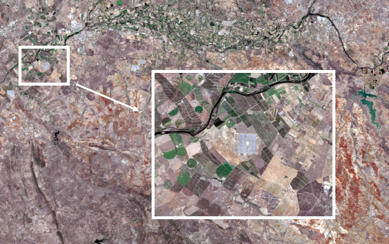 Image of northern Badajoz in which Sentinel 2, a true-color remote sensing method, is applied