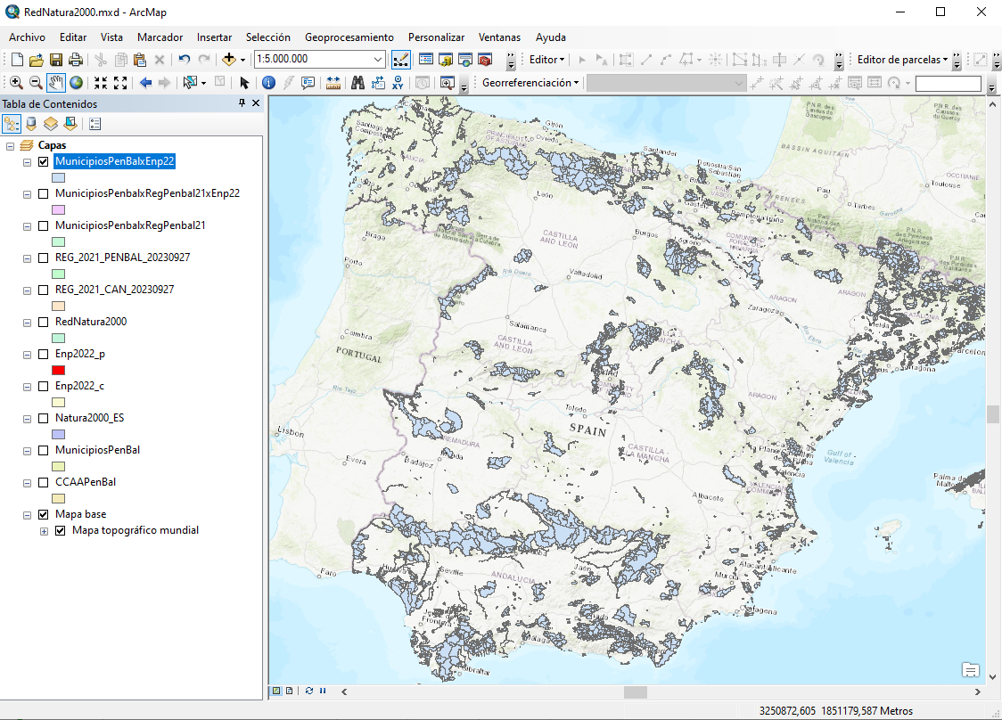 Carte de l'Espagne représentée dans l'interface ArcGIS