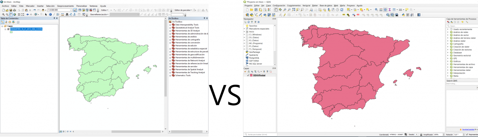 Comparison of the map of Spain from the ArcGIS and QGIS interfaces