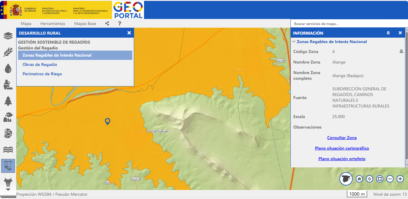 Screenshot of the irrigated area of Alange (Badajoz) as seen from the Geoportal.