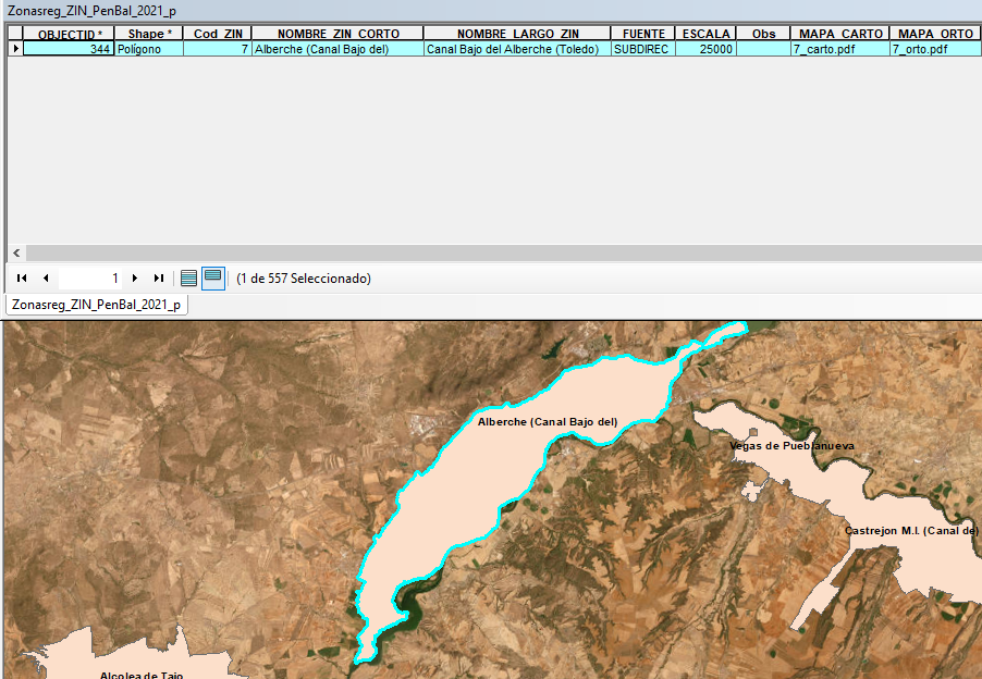 Data table associated with the Lower Alberche Canal irrigation area and a satellite image of the area