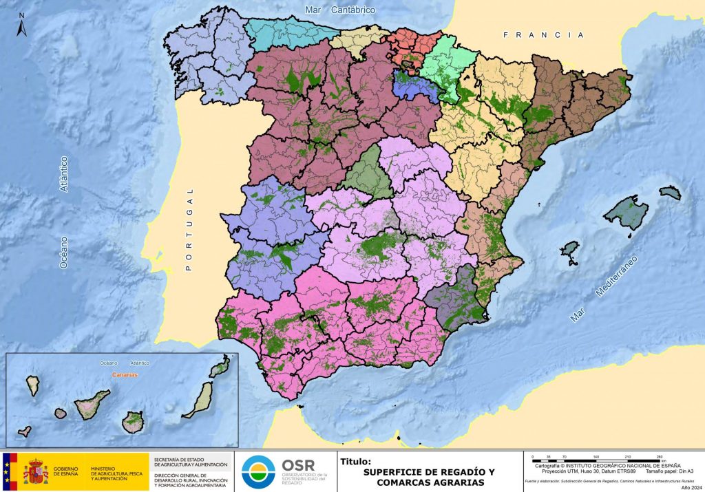 Mapa de zonas de regadío e rexións agrícolas de España
